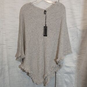 Beryll Gray Knit Cashmere Poncho with Fringe One Size NWT